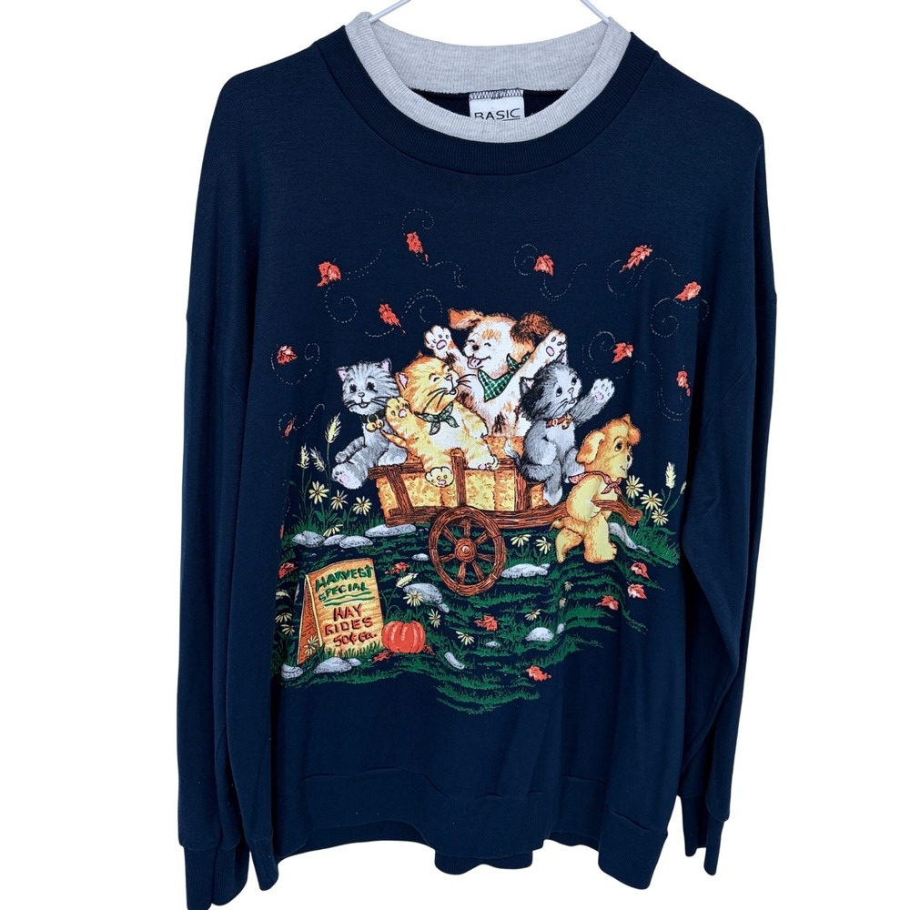 Vintage 90s Basic Editions Dogs and Cats Graphic Long‎ Sleeve Shirt Large Navy